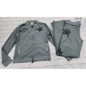 Vertigo Paris Sweatsuit Set WOMENS L Jacket Pants Gray Embroidered Floral